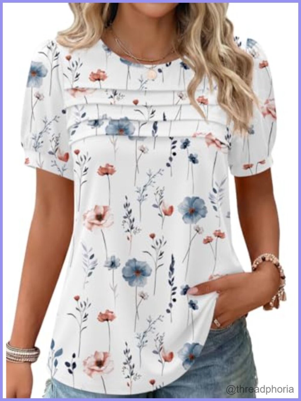 Zeagoo Womens Pleated Floral Puff Sleeve Tunic Top Summer Blouse